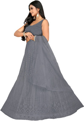 HKBDFAB Embroidered Semi Stitched Lehenga Choli(Grey)