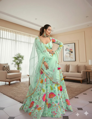 Heny Creation Digital Print Semi Stitched Lehenga & Crop Top(Green)