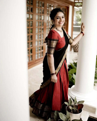 VADTALWALA Solid Semi Stitched Lehenga Choli(Maroon, Black)