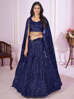 odette Embroidered Semi Stitched Lehenga Choli(Blue)