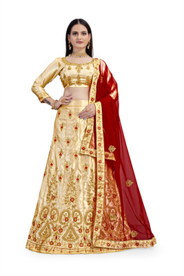 HERE&NOW Embroidered Semi Stitched Lehenga Choli(Gold, Red)