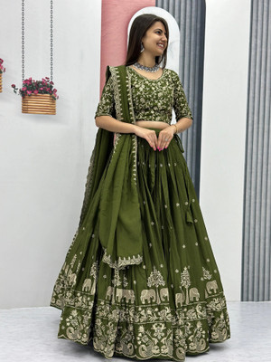 Julee Embroidered Semi Stitched Lehenga Choli(Green)