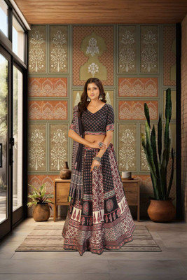 KRISHU ETHNICS Digital Print Semi Stitched Lehenga Choli(Black, Maroon)