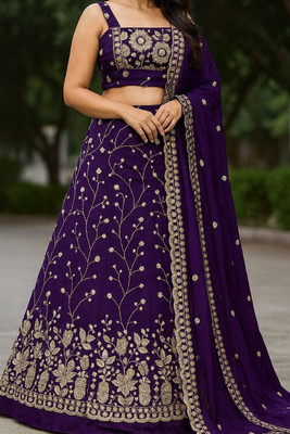 Amyika Embroidered Semi Stitched Lehenga Choli(Purple)