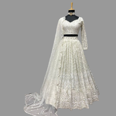 HummerTex Self Design Semi Stitched Lehenga Choli(White)