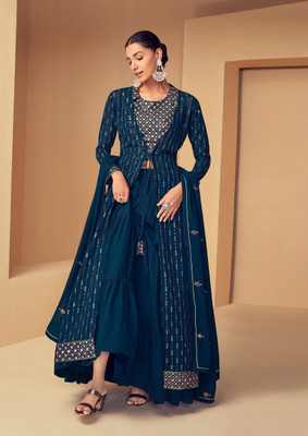 FAB WINDOW Embroidered Semi Stitched Lehenga Choli(Dark Blue)