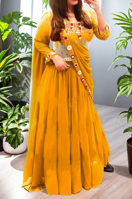 kamaldesigner Embellished Semi Stitched Lehenga & Crop Top(Yellow)