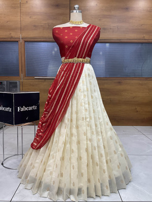 PinkBindi Self Design Semi Stitched Lehenga Choli(Red, White)