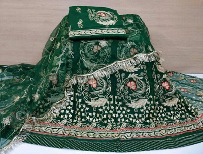 Bhawani Collection Embroidered Semi Stitched Rajasthani Poshak(Dark Green)