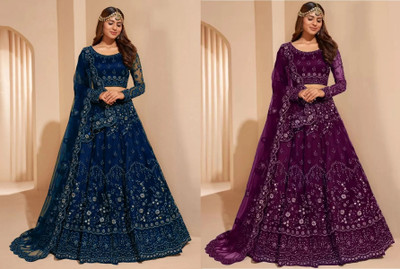 Cute Fellow Embroidered Semi Stitched Lehenga Choli(Purple, Dark Blue)