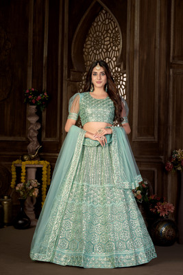 AursFab Embroidered Semi Stitched Lehenga Choli(Green)