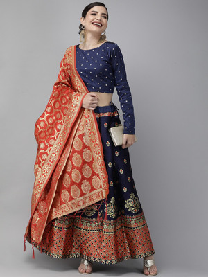 Fabcartz Self Design Semi Stitched Lehenga Choli(Red, Dark Blue)
