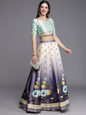 Kaizen Internatioanal Digital Print Semi Stitched Lehenga & Crop Top(Blue)