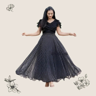 HOUSE OF COMMON Polka Print Stitched Lehenga & Crop Top(Black)