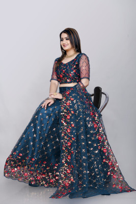 LADY SHOPI Embroidered Semi Stitched Lehenga Choli(Dark Blue)