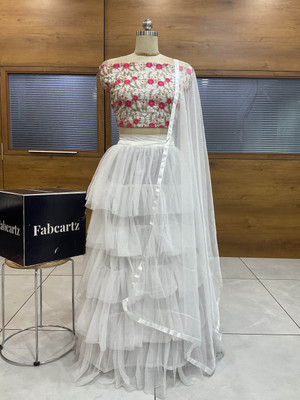 PinkBindi Embroidered Semi Stitched Lehenga Choli(White)