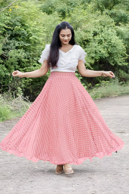 Zestleaf Polka Print Stitched Lehenga & Crop Top(Pink)