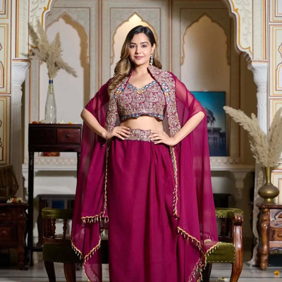 nilormy Embellished Stitched Lehenga & Crop Top(Purple)