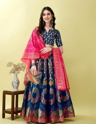 Harshiv Textile Self Design Semi Stitched Lehenga Choli(Pink, Blue)