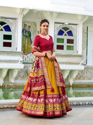 NTraditions Printed Semi Stitched Lehenga Choli(Yellow)