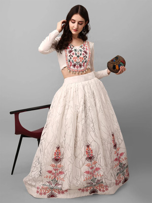 Western Gallary Embroidered Semi Stitched Lehenga & Crop Top(White)