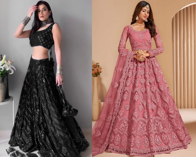 Reelove Factory Embroidered Semi Stitched Lehenga Choli(Black, Pink)