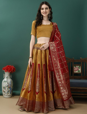 Harshiv Textile Self Design Semi Stitched Lehenga Choli(Gold)