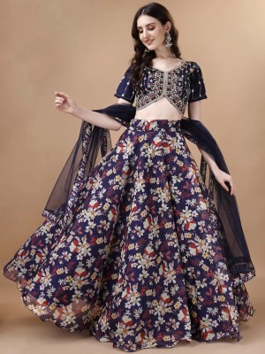 Trivety Floral Print Semi Stitched Lehenga Choli(Dark Blue)