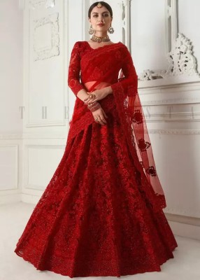 NJ FASHION Solid, Embroidered, Embellished, Self Design Semi Stitched Lehenga Choli(Red)