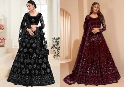 Udbhav Export Embroidered Semi Stitched Lehenga Choli(Black, Maroon)