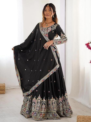TILKI Embroidered Semi Stitched Lehenga Choli(Black)