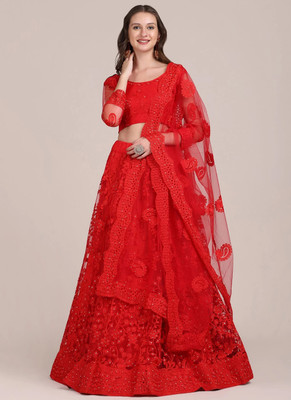 QUEDDY'S Embroidered Semi Stitched Lehenga Choli(Red)