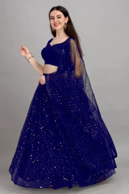 Vihat Fashion Embellished, Self Design Semi Stitched Lehenga & Crop Top(Blue)