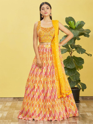 odette Digital Print Semi Stitched Lehenga Choli(Yellow)
