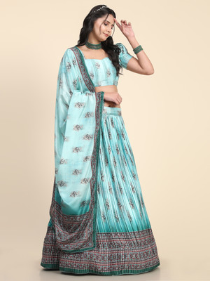 Neel Art Digital Print Semi Stitched Lehenga Choli(Light Blue)
