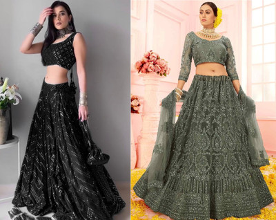 Reelove Factory Embroidered Semi Stitched Lehenga Choli(Black, Maroon)
