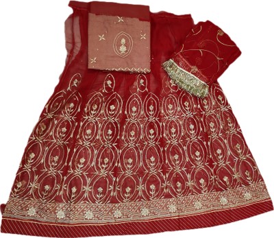 Shimla Embellished, Floral Print Semi Stitched Rajasthani Poshak(Red)