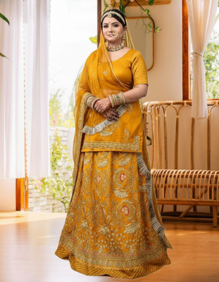 Bhawani saree center Embroidered Semi Stitched Rajasthani Poshak(Yellow)