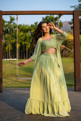 KRIMAA Embroidered Stitched Lehenga & Crop Top(Light Green)