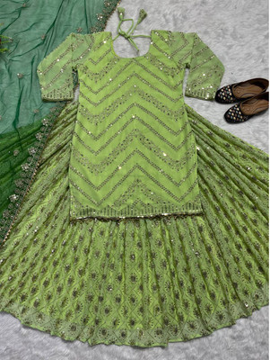 CLOTHTEXTILE Embroidered Stitched Lehenga & Crop Top(Light Green)