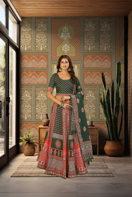KRISHU ETHNICS Digital Print Semi Stitched Lehenga Choli(Dark Green, Red)