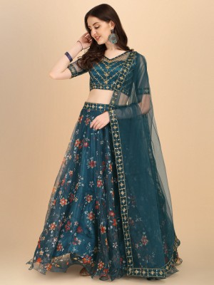 REcart Embroidered, Digital Print Semi Stitched Lehenga Choli(Blue)