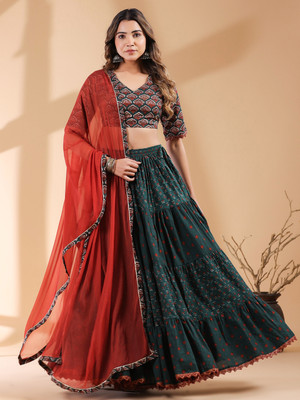 Janasya Printed Stitched Lehenga Choli(Dark Green)