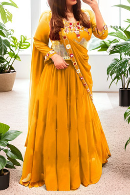 Hemlata Embroidered Semi Stitched Lehenga & Crop Top(Yellow)