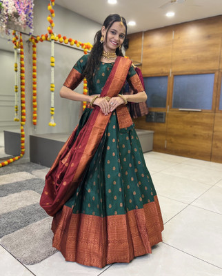 R K INFINITIVE Self Design Semi Stitched Lehenga Choli(Green, Red)