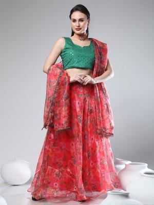 FAB WINDOW Floral Print Semi Stitched Lehenga Choli(Red)