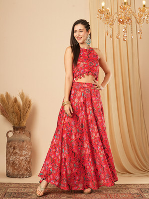 Globus Floral Print Stitched Lehenga & Crop Top(Red)