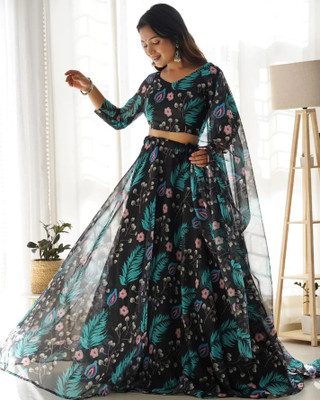 PuriMaa Floral Print Semi Stitched Lehenga Choli(Blue, Light Blue)
