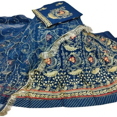 Bhawani Collection Embroidered Semi Stitched Rajasthani Poshak(Blue)