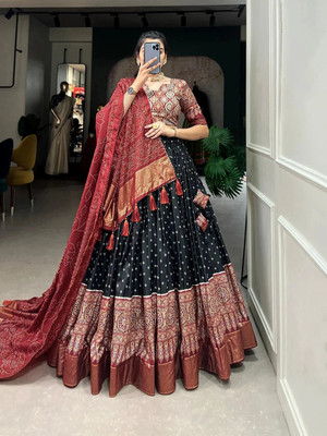 3Buddy Fashion Printed Semi Stitched Lehenga Choli(Black, Red)